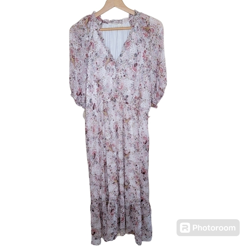 Ellison Floral Paisley Maxi Dress with Ruffled Neckline Size Large